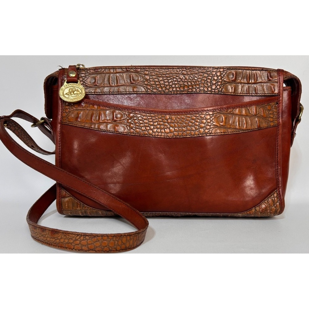 Vintage Brahmin Pecan Leather Walnut Croc Embossed Crossbody Bag Purse